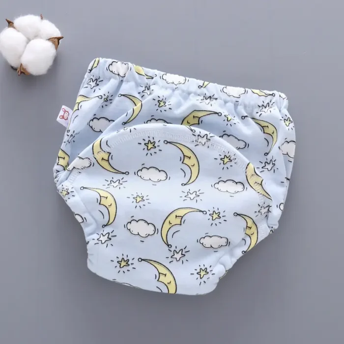 Custom baby training pants with moon and cloud print, washable and reusable cloth diaper, premium absorbent toddler potty training underwear, high-quality infant essentials from a professional OEM/ODM manufacturer.