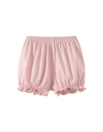 Custom light pink baby bubble shorts, featuring delicate ruffle hems, a comfortable elastic waistband, and voluminous bloomers silhouette. Premium infant girl's summer shorts from a professional OEM/ODM clothing manufacturer.