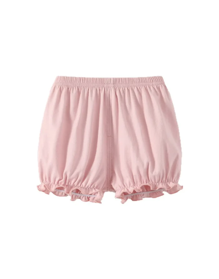Custom light pink baby bubble shorts, featuring delicate ruffle hems, a comfortable elastic waistband, and voluminous bloomers silhouette. Premium infant girl's summer shorts from a professional OEM/ODM clothing manufacturer.