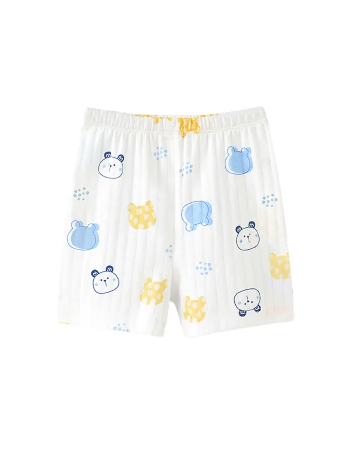 Custom white baby shorts with all-over bear print, featuring soft blue and yellow animal patterns, elastic waistband, and breathable cotton jersey. High-quality infant unisex summer bottoms from an expert OEM/ODM clothing manufacturer.