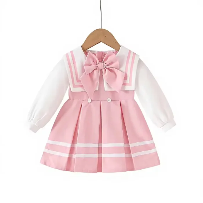 Custom pink and white baby sailor dress, featuring a large striped sailor collar, long sleeves, and an elegant pleated skirt. Premium infant girl's preppy occasion dress from a professional OEM/ODM clothing manufacturer.