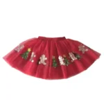Custom red Christmas baby tutu skirt, featuring festive holiday appliqués of Christmas trees, gingerbread men, and snowmen, with multiple layers of soft premium tulle. High-quality infant girl's holiday apparel from a professional OEM/ODM clothing manufacturer.