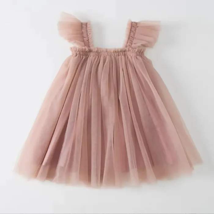Custom dusty pink baby tulle dress, featuring ruffled tulle shoulder straps, a multi-layered voluminous skirt, and soft premium mesh fabric. High-quality infant girl's occasion dress from a professional OEM/ODM clothing manufacturer.