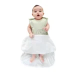 Demonstration of baby sleep sack open bottom, featuring a sage green sleeveless design and easy-access diaper change functionality. High-quality functional infant sleepwear from a professional OEM/ODM clothing manufacturer.