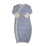 Custom baby kimono sleep gown, featuring a classic blue and white striped pattern, side-snap wrap design, and convenient elastic bottom. High-quality infant sleepwear from a professional OEM/ODM clothing manufacturer.