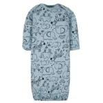 Custom dusty blue baby sleep gown, featuring a whimsical safari animal print, convenient lap shoulders, and an elasticated bottom. High-quality infant sleepwear from a professional OEM/ODM clothing manufacturer.