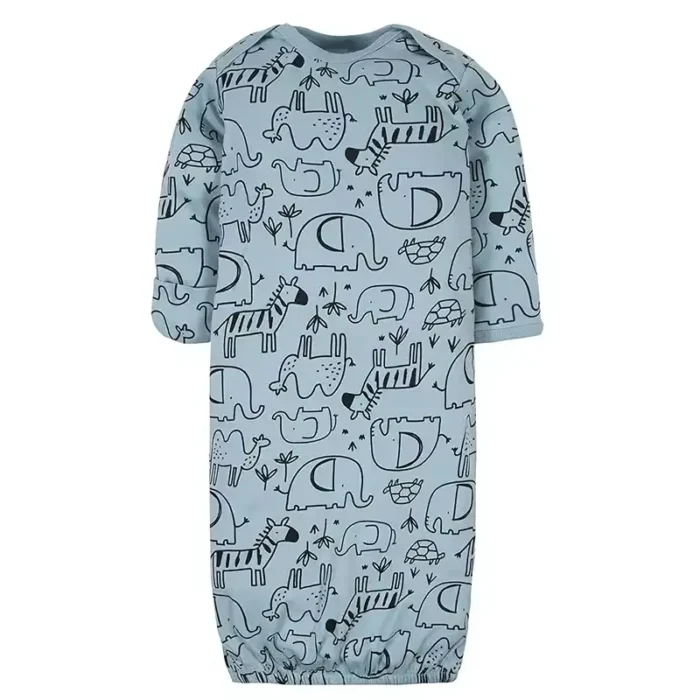 Custom dusty blue baby sleep gown, featuring a whimsical safari animal print, convenient lap shoulders, and an elasticated bottom. High-quality infant sleepwear from a professional OEM/ODM clothing manufacturer.