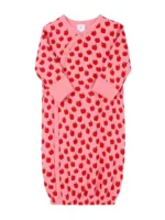Custom baby girl sleep gown, featuring a vibrant red strawberry print, functional side-snap kimono design, and comfortable long sleeves with mitten cuffs. High-quality infant sleepwear from a professional OEM/ODM clothing manufacturer.