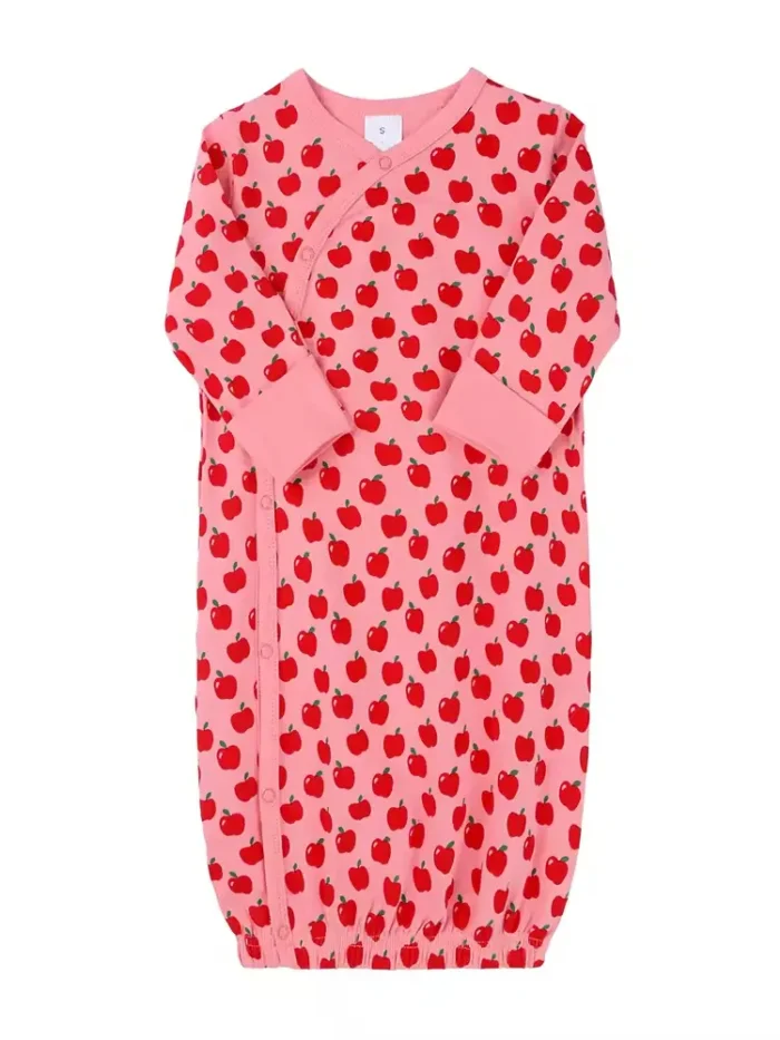 Custom baby girl sleep gown, featuring a vibrant red strawberry print, functional side-snap kimono design, and comfortable long sleeves with mitten cuffs. High-quality infant sleepwear from a professional OEM/ODM clothing manufacturer.