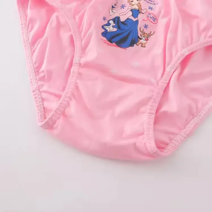 Detailed view of custom pink baby girl briefs, featuring soft elastic binding for leg openings, cute princess cartoon print, high-quality breathable cotton toddler underwear from a professional OEM/ODM manufacturer.