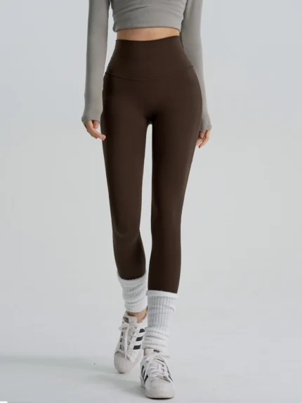 Custom Leggings manufacturer sample of deep brown high-waisted yoga leggings.