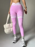 Pink high-waisted color-block leggings with white stripe details, provided by a professional OEM/ODM activewear manufacturer.