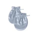 A pair of light blue, plain baby mittens with adjustable drawstring, from a China baby mittens manufacturer.