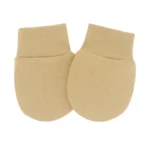 A pair of plain beige cotton baby mittens with knitted cuffs, produced by a China baby mittens manufacturer.