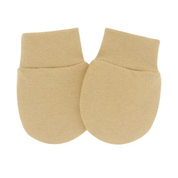 A pair of plain beige cotton baby mittens with knitted cuffs, produced by a China baby mittens manufacturer.