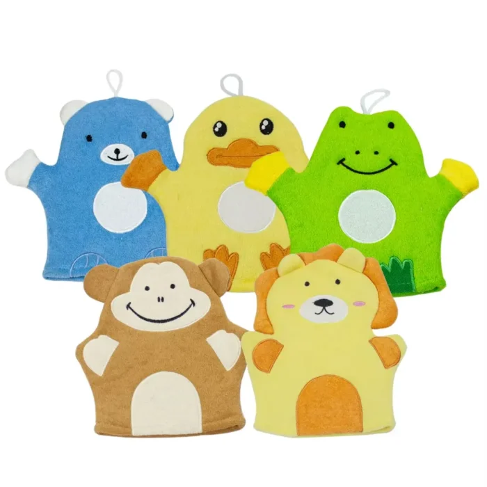 A collection of cute animal-themed baby mittens including bear, duck, frog, monkey, and lion shapes, from a China baby mittens manufacturer.