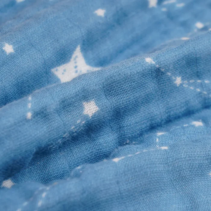Blue muslin baby washcloth with white star and constellation print, produced by a professional China baby washcloths factory.