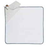 White hooded baby washcloth with striped trim, produced by a professional China baby washcloths factory.