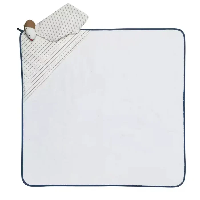White hooded baby washcloth with striped trim, produced by a professional China baby washcloths factory.
