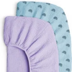Purple and blue patterned muslin crib sheets from an OEM crib sheets manufacturer in China.