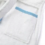 Custom baby hooded robe pocket detail, wholesale infant bathrobe with blue polka dot trim, functional baby garment manufacturer China