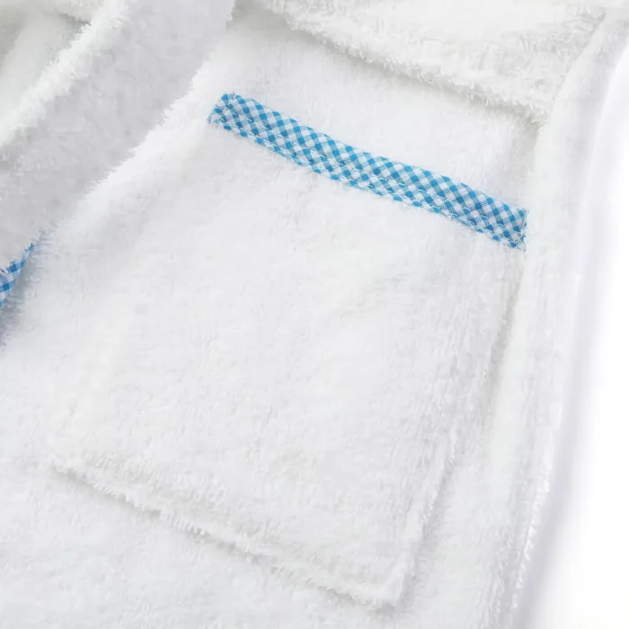 Custom baby hooded robe pocket detail, wholesale infant bathrobe with blue polka dot trim, functional baby garment manufacturer China
