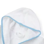 Custom baby hooded robe hood detail, wholesale infant bathrobe with blue polka dot piping, high-quality hood stitching manufacturer China