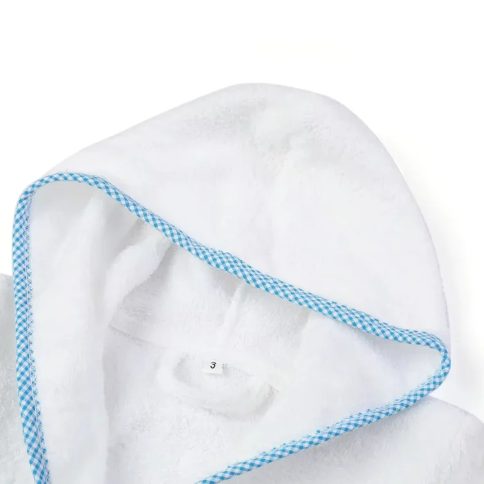 Custom baby hooded robe hood detail, wholesale infant bathrobe with blue polka dot piping, high-quality hood stitching manufacturer China