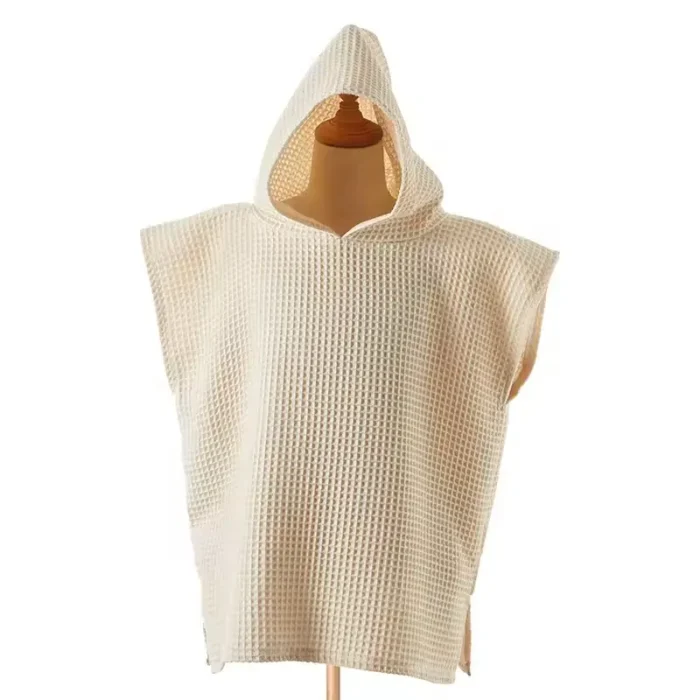 Custom waffle weave baby hooded poncho wholesale, organic cotton infant beach towel manufacturer, breathable baby bath robe factory China