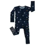 Custom navy blue baby zippy romper, featuring a vibrant space and rocket print, functional two-way zipper, and convertible fold-over footies. High-quality infant sleepwear from a professional OEM/ODM clothing manufacturer.