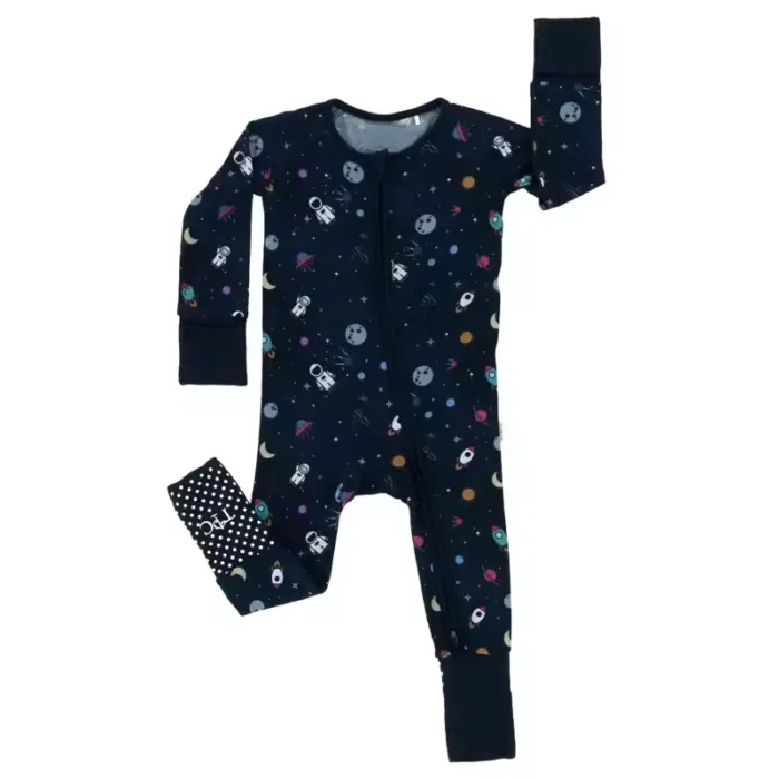 Custom navy blue baby zippy romper, featuring a vibrant space and rocket print, functional two-way zipper, and convertible fold-over footies. High-quality infant sleepwear from a professional OEM/ODM clothing manufacturer.