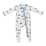Custom baby footie sleepsuit, featuring a whimsical nautical sailboat print, a convenient diagonal two-way zipper, and integrated footmuffs. High-quality infant sleepwear from a professional OEM/ODM clothing manufacturer.