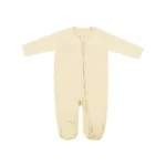 Custom cream baby footie sleepsuit, featuring a classic long-sleeve design, integrated footmuffs, and premium soft stretch fabric. High-quality infant sleep and play suite from a professional OEM/ODM clothing manufacturer.