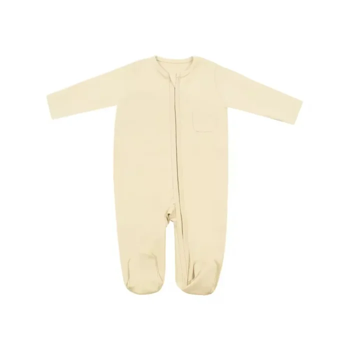 Custom cream baby footie sleepsuit, featuring a classic long-sleeve design, integrated footmuffs, and premium soft stretch fabric. High-quality infant sleep and play suite from a professional OEM/ODM clothing manufacturer.