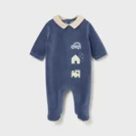 Custom navy blue baby footie sleepsuit, featuring a classic cream Peter Pan collar, minimalist vehicle and house embroidery, and integrated footmuffs. High-quality infant girl's or boy's occasion wear from a professional OEM/ODM clothing manufacturer.