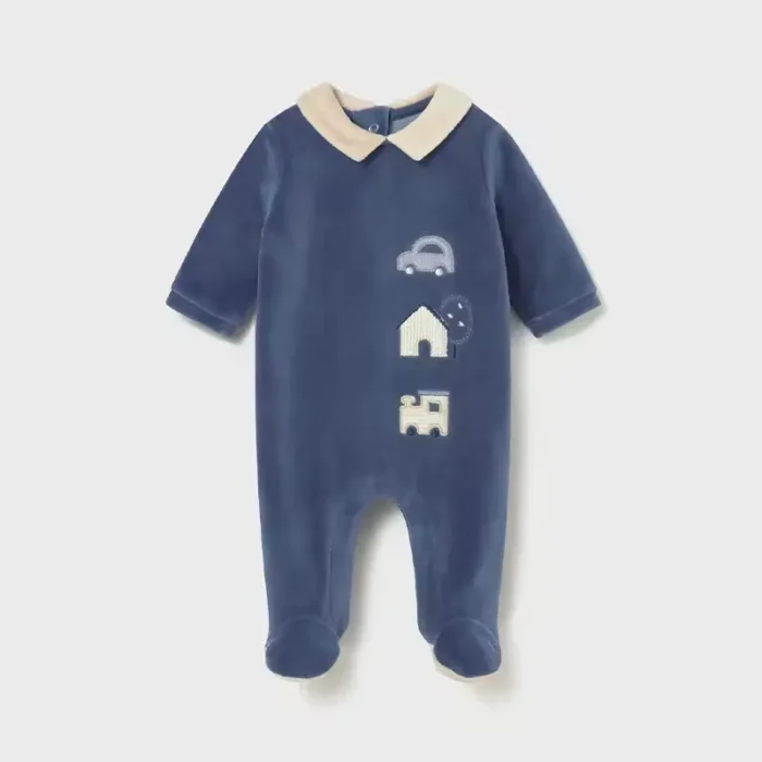 Custom navy blue baby footie sleepsuit, featuring a classic cream Peter Pan collar, minimalist vehicle and house embroidery, and integrated footmuffs. High-quality infant girl's or boy's occasion wear from a professional OEM/ODM clothing manufacturer.