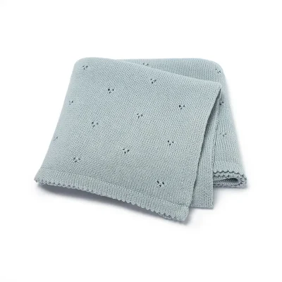 Light blue knitted baby blanket provided by professional baby blankets factory in China.