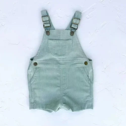 Custom sage green pinstripe baby overalls, featuring adjustable button straps, front bib pocket, and breathable cotton woven fabric. Premium infant shortall romper from a professional OEM/ODM clothing manufacturer.
