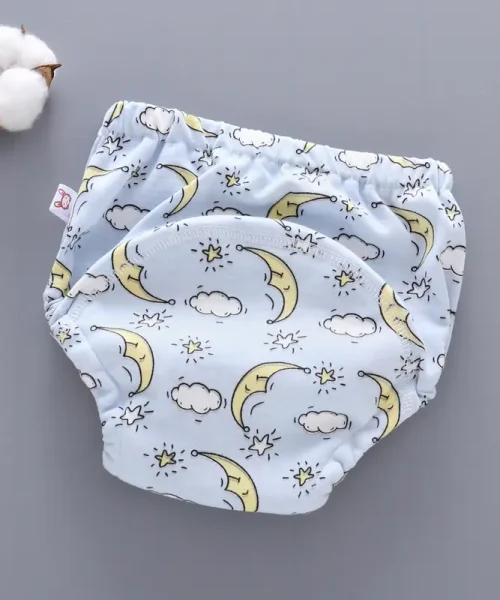 Custom baby training pants with moon and cloud print, washable and reusable cloth diaper, premium absorbent toddler potty training underwear, high-quality infant essentials from a professional OEM/ODM manufacturer.
