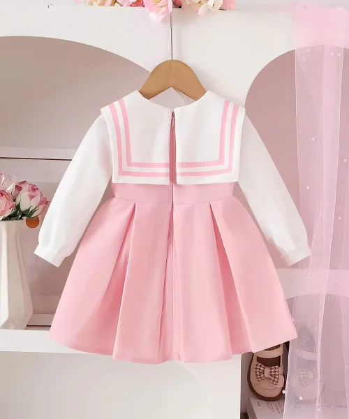 Custom Baby Sailor Collar Dress - Elegant Pink & White Pleated Infant Apparel Factory