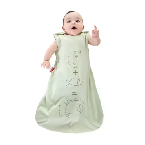 Custom sage green baby sleep sack, featuring a sleeveless vest design, minimalist moon and fish graphics, and a roomy bottom. High-quality breathable infant sleepwear from a professional OEM/ODM clothing manufacturer.