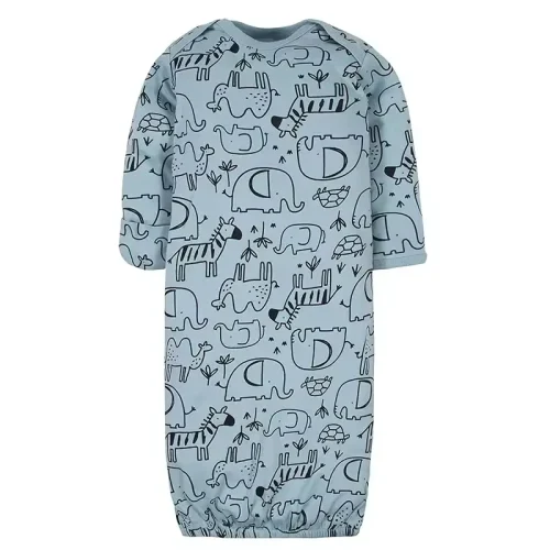 Custom dusty blue baby sleep gown, featuring a whimsical safari animal print, convenient lap shoulders, and an elasticated bottom. High-quality infant sleepwear from a professional OEM/ODM clothing manufacturer.