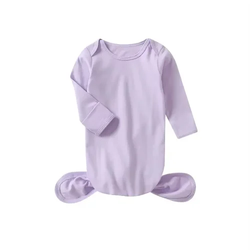 Custom lavender purple baby knotted sleep gown, featuring a flexible tie-bottom design, long sleeves, and premium soft stretch fabric. High-quality infant sleepwear from a professional OEM/ODM clothing manufacturer.