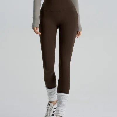 Custom Leggings manufacturer sample of deep brown high-waisted yoga leggings.